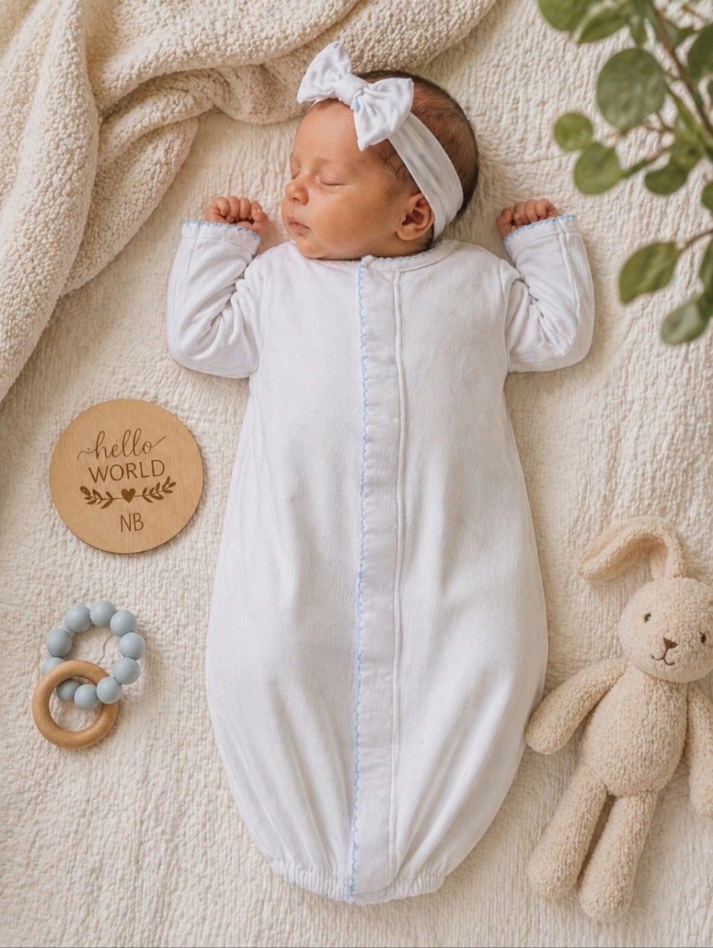 💙 Magnolia Baby Pima Cotton Newborn Gown – Classic White w/ Blue Trim 💙